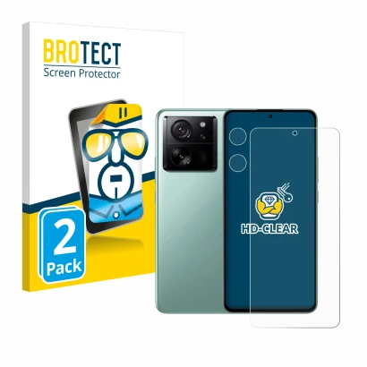 Parte frontal de un envase de producto con el logotipo de la marca BROTECT. Al lado se muestra el dispositivo Xiaomi 13T Pro (