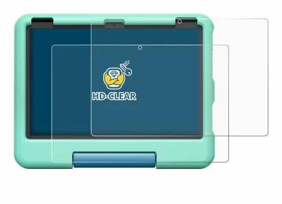 Imagen del dispositivo Amazon Fire HD 10 Kids 2023 con una amplia variedad de protectores de pantalla.