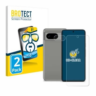 Parte frontal de un envase de producto con el logotipo de la marca BROTECT. Al lado se muestra el dispositivo Google Pixel 8 (