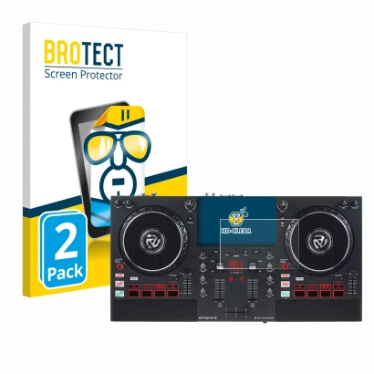 Parte frontal de un envase de producto con el logotipo de la marca BROTECT. Al lado se muestra el dispositivo Numark Mixstream