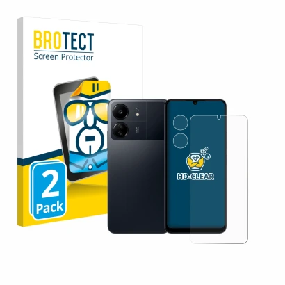 Parte frontal de un envase de producto con el logotipo de la marca BROTECT. Al lado se muestra el dispositivo Xiaomi Poco C65