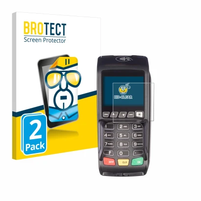 Parte frontal de un envase de producto con el logotipo de la marca BROTECT. Al lado se muestra el dispositivo ingenico Desk/35