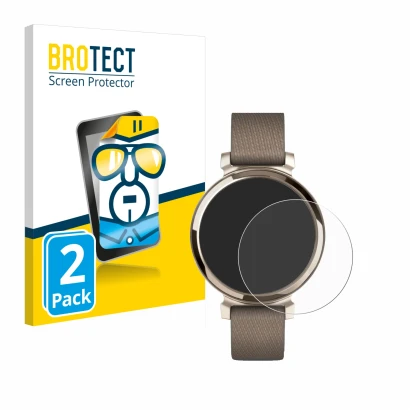 Parte frontal de un envase de producto con el logotipo de la marca BROTECT. Al lado se muestra el dispositivo Garmin Lily 2 co