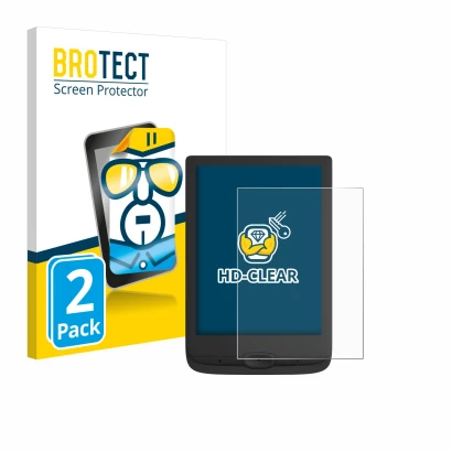 Parte frontal de un envase de producto con el logotipo de la marca BROTECT. Al lado se muestra el dispositivo PocketBook Basic