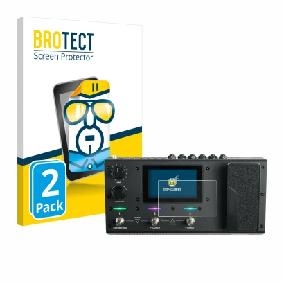 Parte frontal de un envase de producto con el logotipo de la marca BROTECT. Al lado se muestra el dispositivo Headrush MX5 con