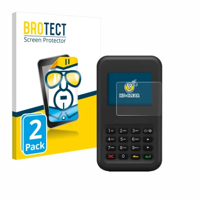 Parte frontal de un envase de producto con el logotipo de la marca BROTECT. Al lado se muestra el dispositivo Shopify WisePad