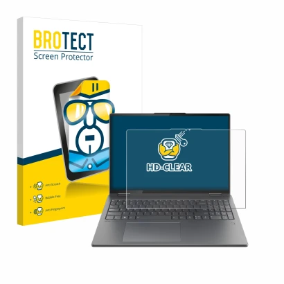 Parte frontal de un envase de producto con el logotipo de la marca BROTECT. Al lado se muestra el dispositivo Lenovo Yoga 7i 2