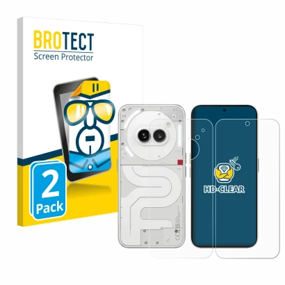 Parte frontal de un envase de producto con el logotipo de la marca BROTECT. Al lado se muestra el dispositivo Nothing Phone (2