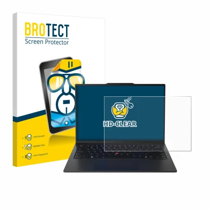 Parte frontal de un envase de producto con el logotipo de la marca BROTECT. Al lado se muestra el dispositivo Lenovo ThinkPad 