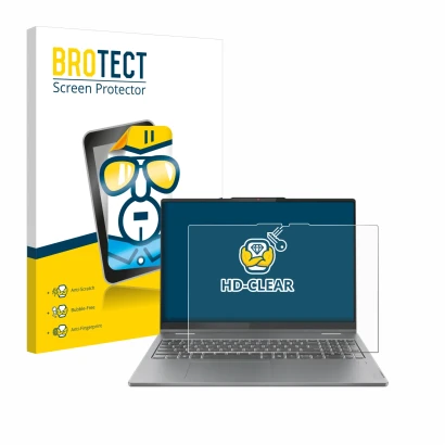 Parte frontal de un envase de producto con el logotipo de la marca BROTECT. Al lado se muestra el dispositivo Lenovo IdeaPad 5