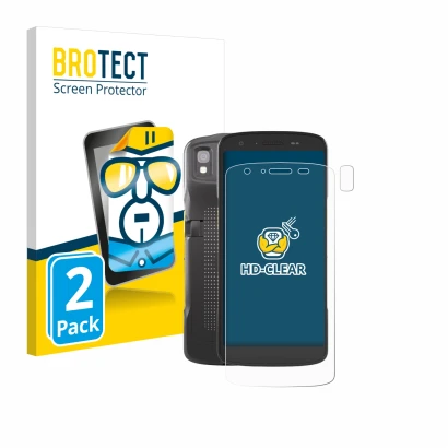 Parte frontal de un envase de producto con el logotipo de la marca BROTECT. Al lado se muestra el dispositivo Zebra TC22 (Fron