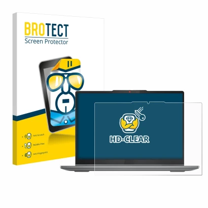 Parte frontal de un envase de producto con el logotipo de la marca BROTECT. Al lado se muestra el dispositivo Lenovo IdeaPad 5