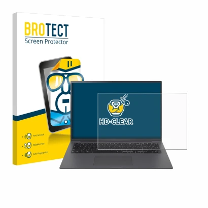 Parte frontal de un envase de producto con el logotipo de la marca BROTECT. Al lado se muestra el dispositivo LG gram 17" 2024