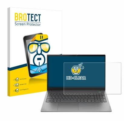 Parte frontal de un envase de producto con el logotipo de la marca BROTECT. Al lado se muestra el dispositivo Lenovo ThinkBook