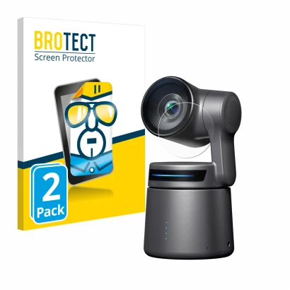 Parte frontal de un envase de producto con el logotipo de la marca BROTECT. Al lado se muestra el dispositivo OBSBOT Tail Air