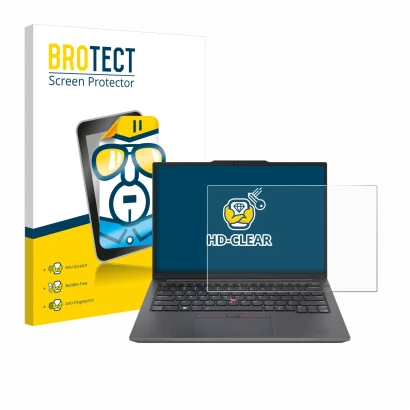 Parte frontal de un envase de producto con el logotipo de la marca BROTECT. Al lado se muestra el dispositivo Lenovo ThinkPad