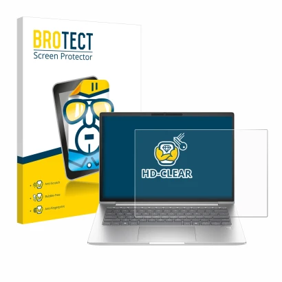 Parte frontal de un envase de producto con el logotipo de la marca BROTECT. Al lado se muestra el dispositivo HP EliteBook 645