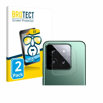 Parte frontal de un envase de producto con el logotipo de la marca BROTECT. Al lado se muestra el dispositivo Xiaomi 14 (SÓLO 