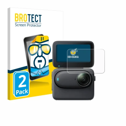 Parte frontal de un envase de producto con el logotipo de la marca BROTECT. Al lado se muestra el dispositivo Insta360 Go 3S c