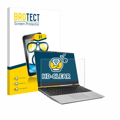 Parte frontal de un envase de producto con el logotipo de la marca BROTECT. Al lado se muestra el dispositivo Framework Laptop