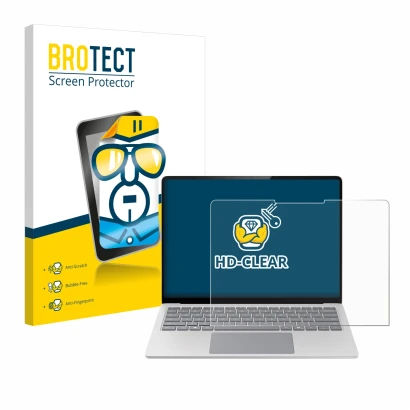 Parte frontal de un envase de producto con el logotipo de la marca BROTECT. Al lado se muestra el dispositivo Microsoft Surfac