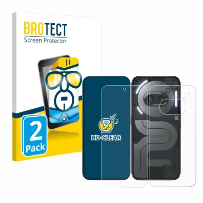 Parte frontal de un envase de producto con el logotipo de la marca BROTECT. Al lado se muestra el dispositivo Nothing Phone (2