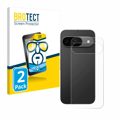Parte frontal de un envase de producto con el logotipo de la marca BROTECT. Al lado se muestra el dispositivo Google Pixel 9 (
