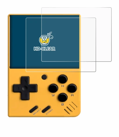 Imagen del dispositivo Miyoo Mini V4 con una amplia variedad de protectores de pantalla.