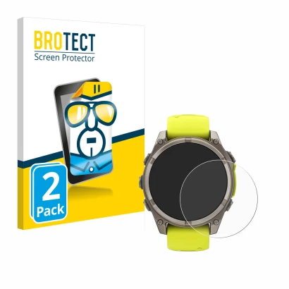 Parte frontal de un envase de producto con el logotipo de la marca BROTECT. Al lado se muestra el dispositivo Garmin Fenix 8 S