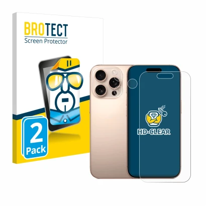 Parte frontal de un envase de producto con el logotipo de la marca BROTECT. Al lado se muestra el dispositivo Apple iPhone 16