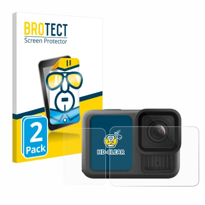 Parte frontal de un envase de producto con el logotipo de la marca BROTECT. Al lado se muestra el dispositivo GoPro Hero 13 Bl