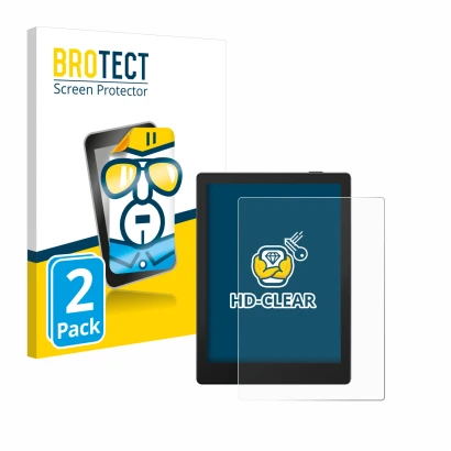 Parte frontal de un envase de producto con el logotipo de la marca BROTECT. Al lado se muestra el dispositivo Boox Go 6 con su