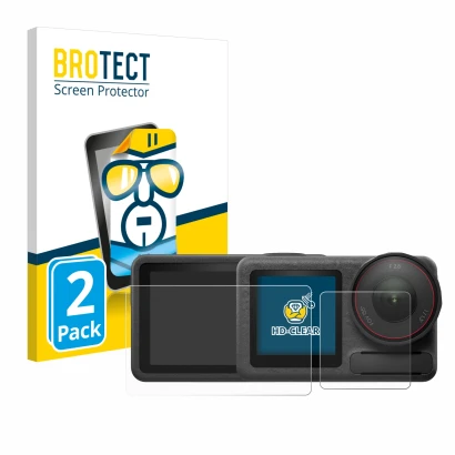 Parte frontal de un envase de producto con el logotipo de la marca BROTECT. Al lado se muestra el dispositivo DJI Osmo Action