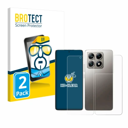 Parte frontal de un envase de producto con el logotipo de la marca BROTECT. Al lado se muestra el dispositivo Xiaomi 14T (Fron