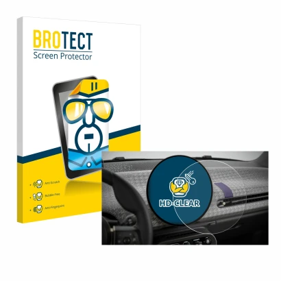 Parte frontal de un envase de producto con el logotipo de la marca BROTECT. Al lado se muestra el dispositivo Mini Cooper Elec