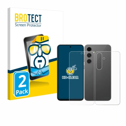Parte frontal de un envase de producto con el logotipo de la marca BROTECT. Al lado se muestra el dispositivo Samsung Galaxy S
