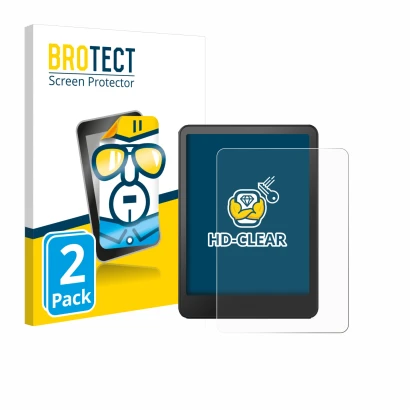 Parte frontal de un envase de producto con el logotipo de la marca BROTECT. Al lado se muestra el dispositivo Amazon Kindle Co