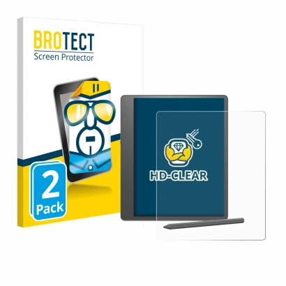 Parte frontal de un envase de producto con el logotipo de la marca BROTECT. Al lado se muestra el dispositivo Amazon Kindle Sc