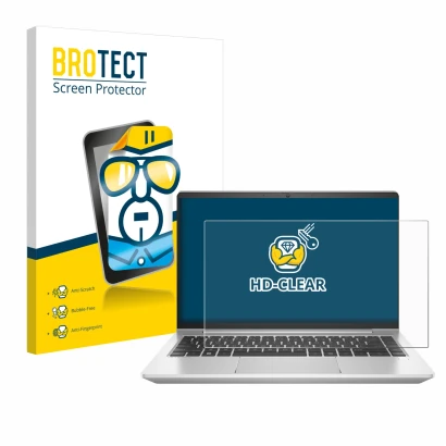 Parte frontal de un envase de producto con el logotipo de la marca BROTECT. Al lado se muestra el dispositivo HP ProBook 445 G