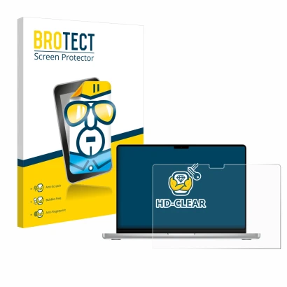 Parte frontal de un envase de producto con el logotipo de la marca BROTECT. Al lado se muestra el dispositivo Apple MacBook Pr