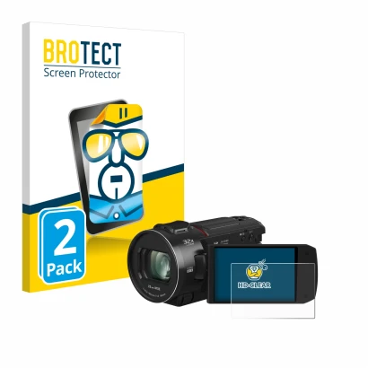 Parte frontal de un envase de producto con el logotipo de la marca BROTECT. Al lado se muestra el dispositivo Panasonic HC-VX3