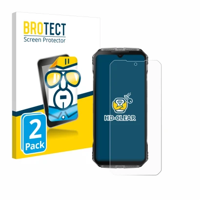 Parte frontal de un envase de producto con el logotipo de la marca BROTECT. Al lado se muestra el dispositivo Doogee S Cyber c