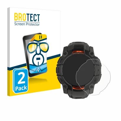 Parte frontal de un envase de producto con el logotipo de la marca BROTECT. Al lado se muestra el dispositivo Garmin Instinct