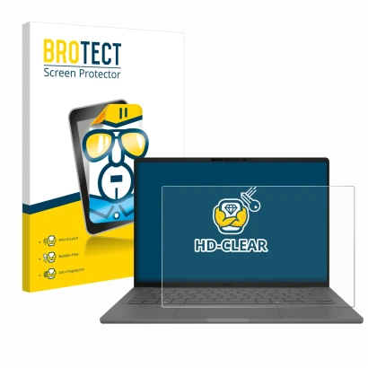 Parte frontal de un envase de producto con el logotipo de la marca BROTECT. Al lado se muestra el dispositivo ASUS ZenBook A14