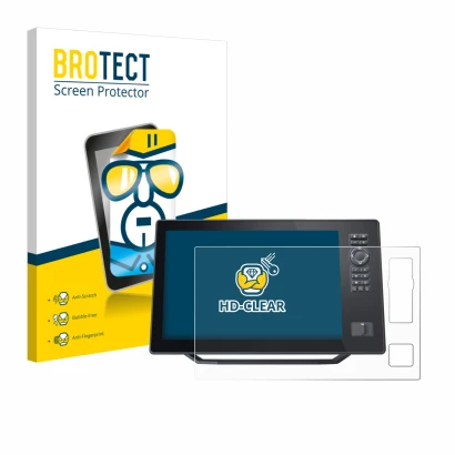 Parte frontal de un envase de producto con el logotipo de la marca BROTECT. Al lado se muestra el dispositivo Humminbird Xplor