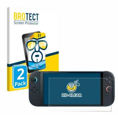 Parte frontal de un envase de producto con el logotipo de la marca BROTECT. Al lado se muestra el dispositivo Nintendo Switch 