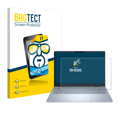 Parte frontal de un envase de producto con el logotipo de la marca BROTECT. Al lado se muestra el dispositivo Dell 14 Plus Lap