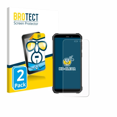 Parte frontal de un envase de producto con el logotipo de la marca BROTECT. Al lado se muestra el dispositivo Oukitel WP32 Pro