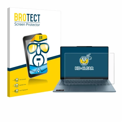 Parte frontal de un envase de producto con el logotipo de la marca BROTECT. Al lado se muestra el dispositivo Lenovo Yoga Slim
