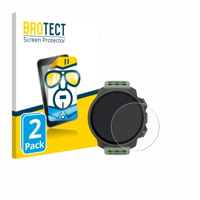 Parte frontal de un envase de producto con el logotipo de la marca BROTECT. Al lado se muestra el dispositivo Suunto Vertical 